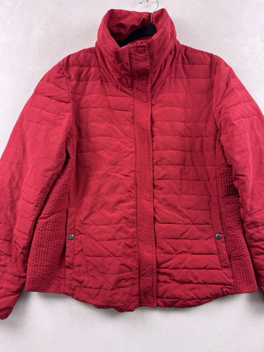 LOFT Women’s Red Quilted Puffer Jacket Funnel Neck Zip Snap Front Size L